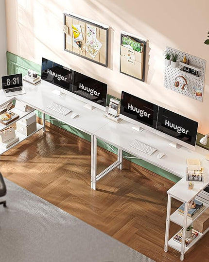L Shaped Desk, 55 Inches Computer Desk with Reversible Storage Shelves, Gaming Desk, Corner Desk Home Office Desks, Writing Desk Study Desk with Metal Frame, White - LeafyLoom