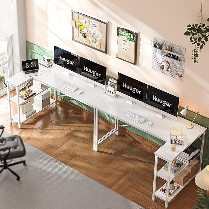 L Shaped Desk, 55 Inches Computer Desk with Reversible Storage Shelves, Gaming Desk, Corner Desk Home Office Desks, Writing Desk Study Desk with Metal Frame, White - LeafyLoom