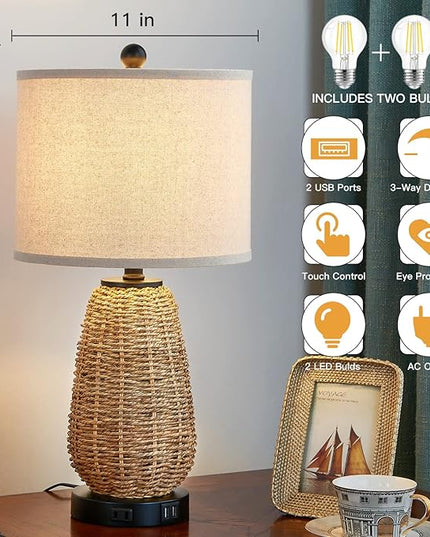 Touch Control Rattan Table Lamps, 3 Way Dimmable Bedside Lamps for Bedroom Set of 2 with 2 USB Ports and AC Outlet, Grass Rope Nightstand Lamps for Living Room Office (2 LED Bulbs Included) - LeafyLoom