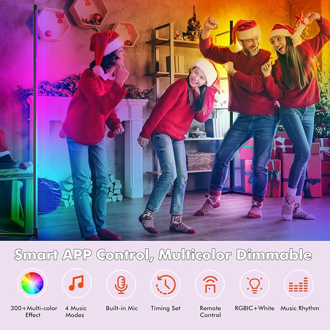 Corner Floor Lamp, 65” LED Smart Modern Music Sync Color Changing RGB Floor Lamp with Remote & App Control for Bedroom, Corner Lamp with 16 Million DIY Modes, Timer Setting for Gaming Room - LeafyLoom