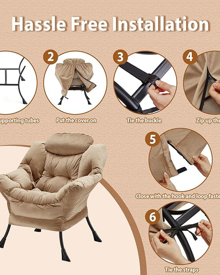 Lazy Chair Thick Padded, Accent Chair Velvet Upholstered with Wide Seat, Stable Metal Frame and Non-Slip Pad, Modern Sofa Armchair with Side Storage Bag for Dorm, Room, Office, Khaki - LeafyLoom