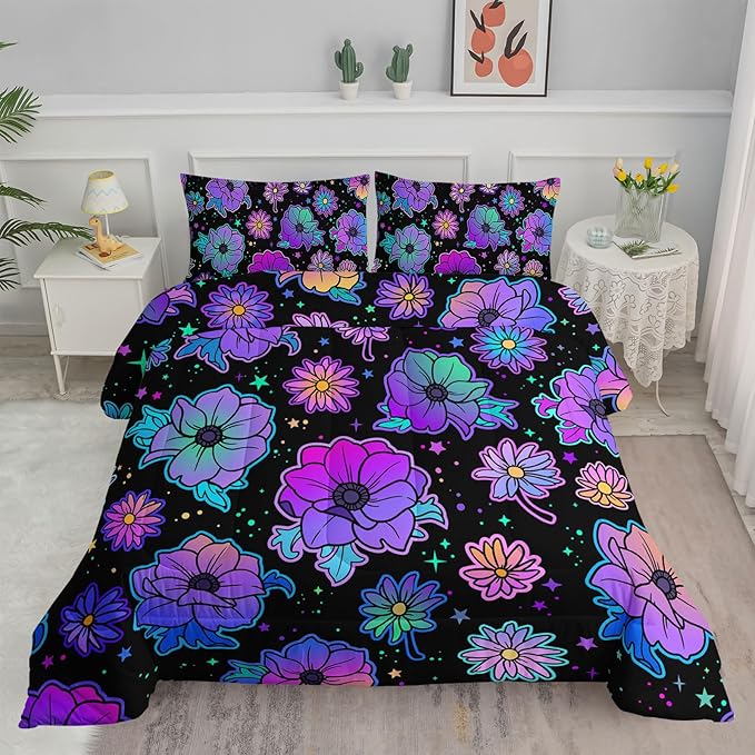 Axolotl Neon Floral Bedding Set Queen,Gradient Floral Comforter Set for Girls,Colorful Flower Bedding Set Stars,Galaxy Series Comforter for Kids Boys Girls Teens Adults,1 Quilt 2 Pillowcases,Black - LeafyLoom