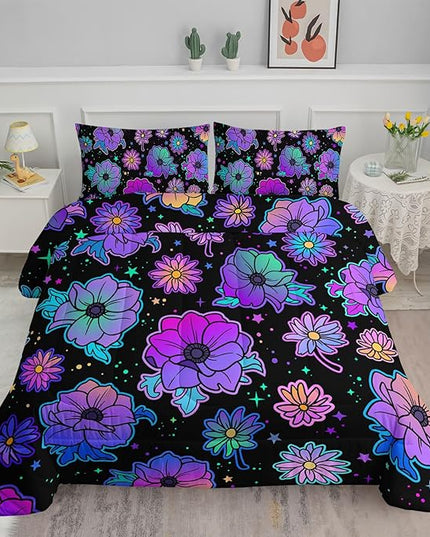 Axolotl Neon Floral Bedding Set Twin,Gradient Floral Comforter Set for Girls,Colorful Flower Bedding Set Stars,Galaxy Series Comforter for Kids Boys Girls Teens Adults,1 Quilt 2 Pillowcases,Black - LeafyLoom