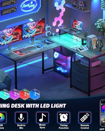 Homieasy L Shaped Computer Desk with Storage File Drawer, Reversible Home Office Desk with Recessed Power Strip and Led Strip, Corner Gaming Desk Work Study Table with Monitor Stand, Black Oak - LeafyLoom