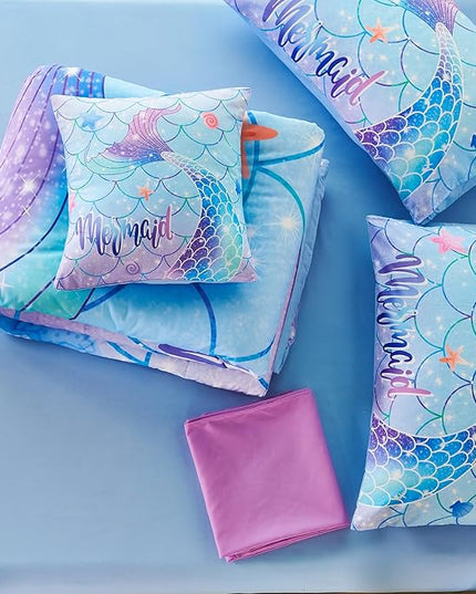 URBONUR 6Pcs Twin Comforter Set for Girls Pastel Purple Blue Mermaid Printed Bedding Set for Girls Bedroom, Soft All Season Bed in a Bag Comforter with Sheet Set, Twin Size - LeafyLoom