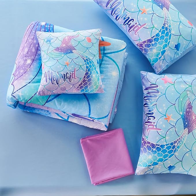 URBONUR 6Pcs Twin Comforter Set for Girls Pastel Purple Blue Mermaid Printed Bedding Set for Girls Bedroom, Soft All Season Bed in a Bag Comforter with Sheet Set, Twin Size - LeafyLoom