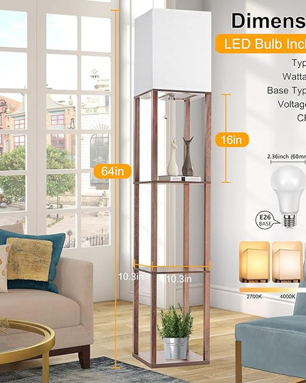Floor Lamp with Shelves for Living Room Walnut Brown, Shelf Floor Lamp with 3 CCT LED Bulb, Corner Display Standing Column Lamp Etagere Organizer Tower Nightstand with White Linen Shade for Bedroom - LeafyLoom