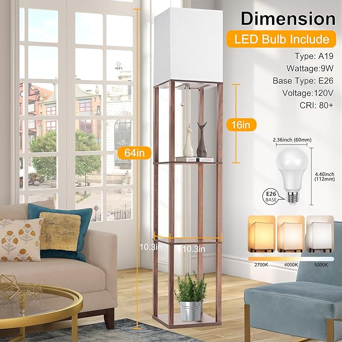 Floor Lamp with Shelves for Living Room Walnut Brown, Shelf Floor Lamp with 3 CCT LED Bulb, Corner Display Standing Column Lamp Etagere Organizer Tower Nightstand with White Linen Shade for Bedroom - LeafyLoom