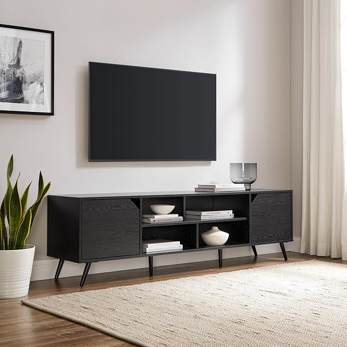 Walker Edison Nora Modern Minimal Open-Shelf Stand for TVs up to 80 Inches, 70 Inch, Black - LeafyLoom