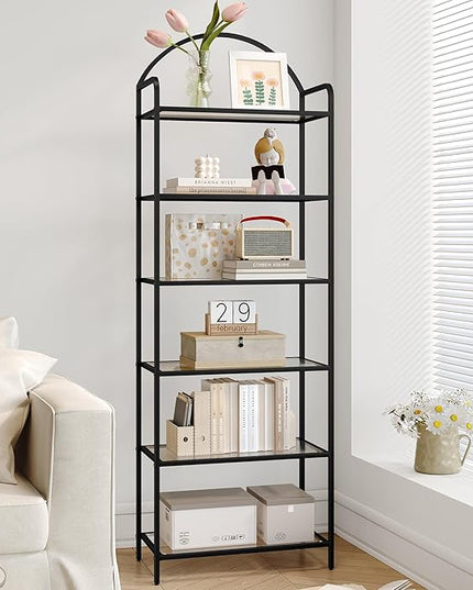 Bookcase Bookshelf, Tempered Glass Bookshelves, Slim Shelving Unit for Bedroom, Bathroom, Home Office, Steel Frame, 6 Tier Black BC21699B - LeafyLoom