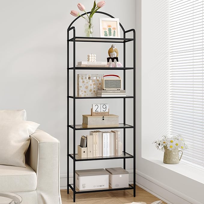 Bookcase Bookshelf, Tempered Glass Bookshelves, Slim Shelving Unit for Bedroom, Bathroom, Home Office, Steel Frame, 6 Tier Black BC21699B - LeafyLoom