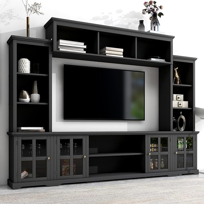 Merax Multifunctional TV Stand with Tempered Glass Door, Minimalism Style Entertainment Wall Unit with Bridge Modern Console Table for Televisions Up to 70”, 104.3 inch Length, Black - LeafyLoom