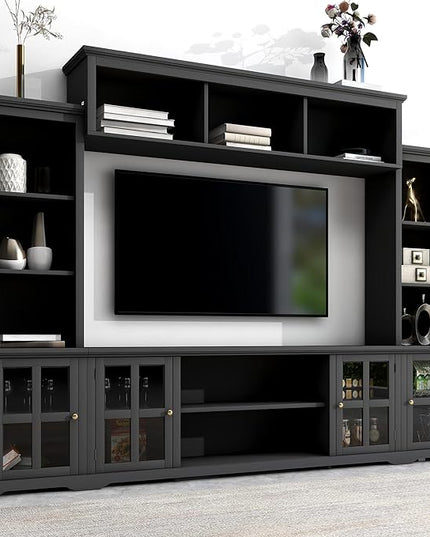 Entertainment Wall Unit with Bridge, Stand Media Console Table for TVs Up to 70" with Tempered Glass Door, Ample Storage Space for Living Room, 104 Inch, Black - LeafyLoom