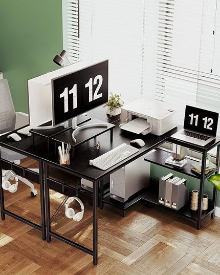 ODK 40 Inch Small L Shaped Computer Desk with Reversible Storage Shelves, Modern Black, Ideal for Home Office, Gaming, Writing - LeafyLoom