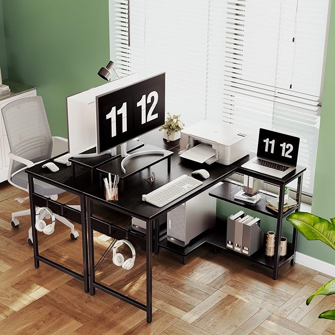 ODK 40 Inch Small L Shaped Computer Desk with Reversible Storage Shelves, Modern Black, Ideal for Home Office, Gaming, Writing - LeafyLoom