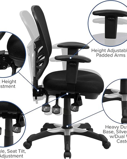 Flash Furniture Nicholas Mid-Back Black Mesh Multifunction Executive Swivel Ergonomic Office Chair with Adjustable Arms - LeafyLoom