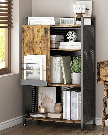 4 Tier Large Bookshelf with Storage Cabinet, Metal Industrial Bookcase Storage Organizer with Sliding Door, Open Standing Shelf Unit for Bedroom, Living Room, Home Office, Rustic Brown - LeafyLoom