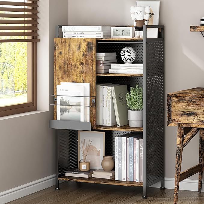 4 Tier Large Bookshelf with Storage Cabinet, Metal Industrial Bookcase Storage Organizer with Sliding Door, Open Standing Shelf Unit for Bedroom, Living Room, Home Office, Rustic Brown - LeafyLoom
