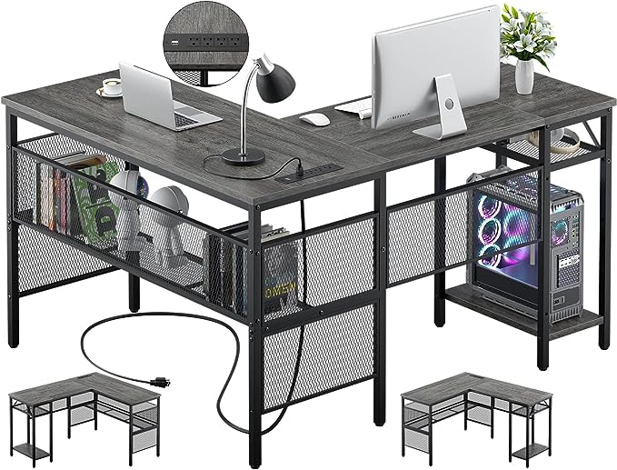 Unikito L Shaped Computer Desk with USB Charging Port and Power Outlet, Reversible Corner Desk with Storage Shelves, Industrial 2 Person Long Gaming Table Modern Home Office Desk, Black Oak - LeafyLoom