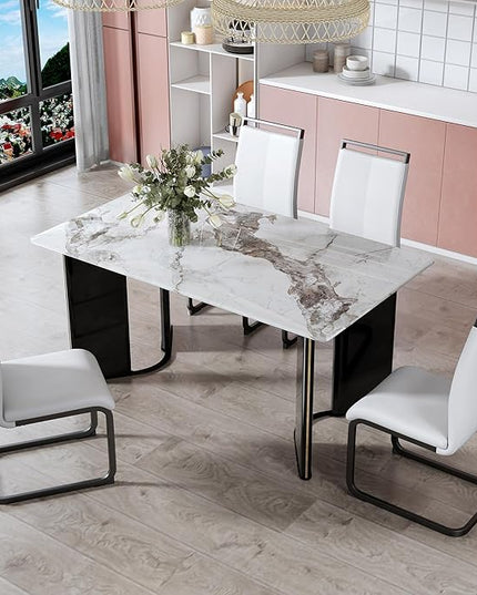 NicBex Modern Minimalist Rectangular Dining Table White Imitation Marble Tabletop, MDF Table Legs with Gold Metal Decorative Strips Suitable for Restaurant and Living Room, White - LeafyLoom