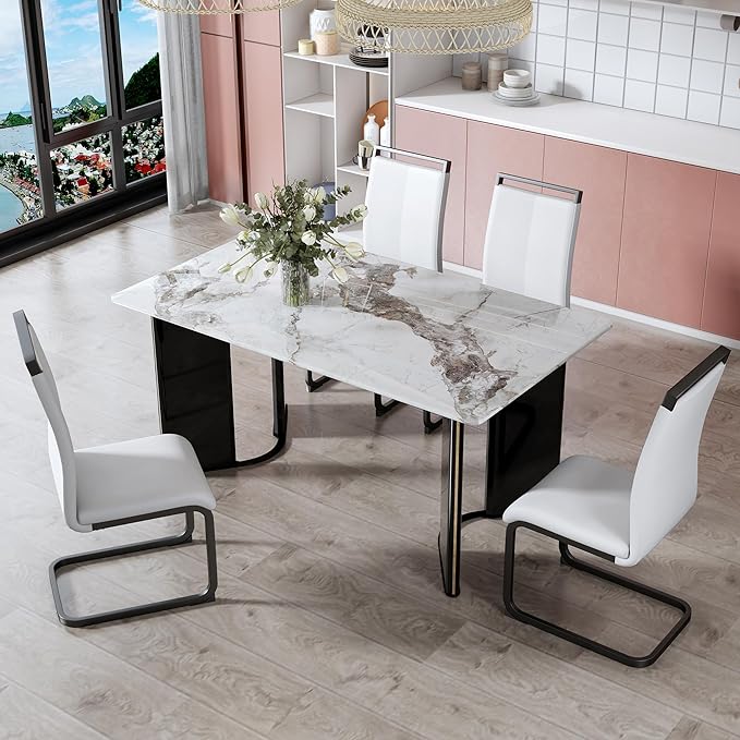 NicBex Modern Minimalist Rectangular Dining Table White Imitation Marble Tabletop, MDF Table Legs with Gold Metal Decorative Strips Suitable for Restaurant and Living Room, White - LeafyLoom