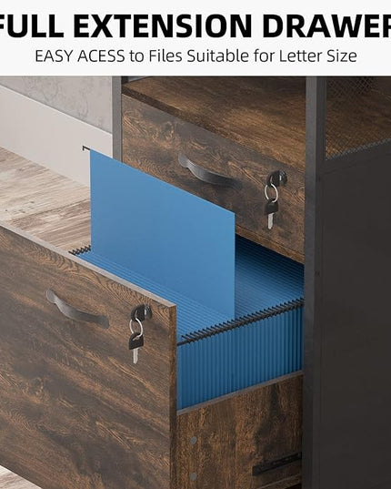 2 drawer file cabinet with lock, Wood Filing Cabinet for Home Office with Wheels and Open Shelf, Small Rolling Printer Stand and Under Desk File Cabinets for A4/Letter-Size Files-Brown - LeafyLoom