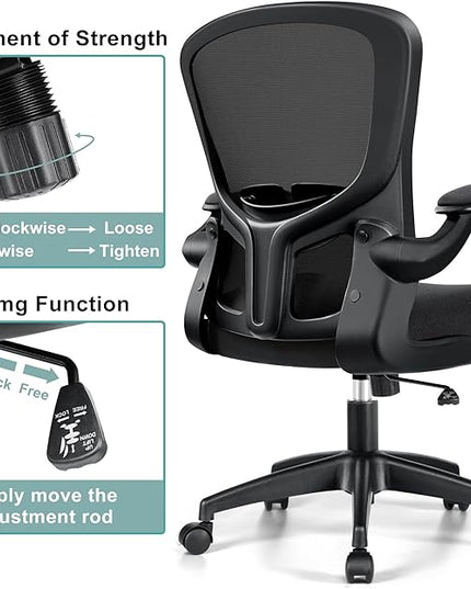Office Chair, Ergonomic Desk Chair with Lumbar Support and Flip-up Armrest, Height Adjustable Mesh Swivel Computer Office Chair Black - LeafyLoom