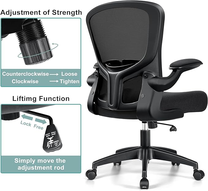 Office Chair, Ergonomic Desk Chair with Lumbar Support and Flip-up Armrest, Height Adjustable Mesh Swivel Computer Office Chair Black - LeafyLoom