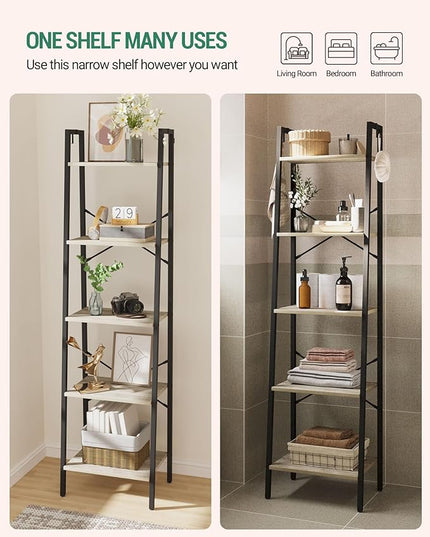 Ladder Shelf, Bookshelf Bookcase, Freestanding Corner Storage Shelve with 2 Hooks for Home Office, Living Room, Kitchen, Bedroom, Industrial, 5-Tier Greige BC19205B - LeafyLoom