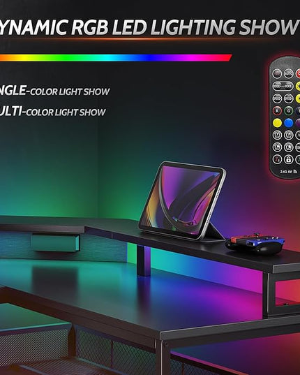 CubiCubi L Shaped Gaming Desk with LED Lights and Power Outlets, 58" Reversible Corner Computer Desk with Storage Shelves and Drawer, Home Office Desk with Monitor Stand, Black - LeafyLoom