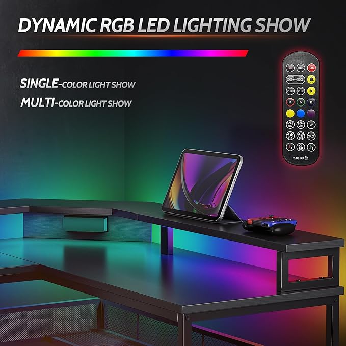 CubiCubi L Shaped Gaming Desk with LED Lights and Power Outlets, 58" Reversible Corner Computer Desk with Storage Shelves and Drawer, Home Office Desk with Monitor Stand, Black - LeafyLoom