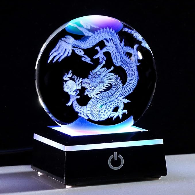 Qianwei Chinese Dragon Decor Gifts, Dragon Statue Figurines Stuff Decorations 3D Laser Etched Halloween Crystal Balls Feng Shui for Witchcraft Paper Weights Glass Decor - LeafyLoom