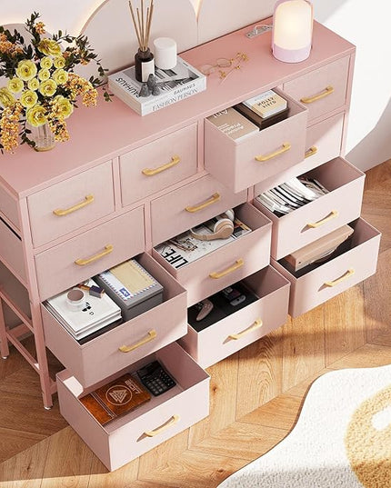 ODK Dresser with Charging Station, 57-Inch Long Dresser TV Stand for Bedroom, Large Dresser with 13 Storage Drawers, Chest of Drawers Easy-Pull Fabric Dressers for Living Room, Pink - LeafyLoom
