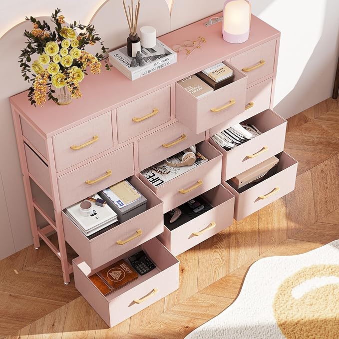 ODK Dresser with Charging Station, 57-Inch Long Dresser TV Stand for Bedroom, Large Dresser with 13 Storage Drawers, Chest of Drawers Easy-Pull Fabric Dressers for Living Room, Pink - LeafyLoom