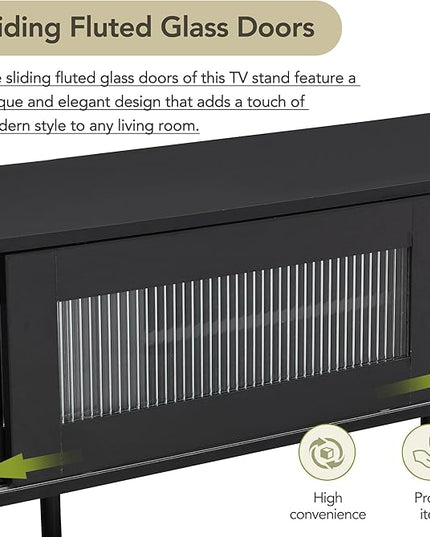 Merax Chic Elegant Design TV Stand with Sliding Fluted Glass Doors and Ample Space, Slanted Drawers Media Console for Televisions Up to 75", Modern Storage Cabinet, 70.86 inch Length, Black - LeafyLoom