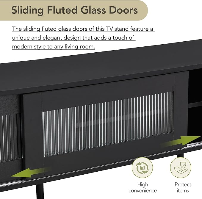 Merax Chic Elegant Design TV Stand with Sliding Fluted Glass Doors and Ample Space, Slanted Drawers Media Console for Televisions Up to 75", Modern Storage Cabinet, 70.86 inch Length, Black - LeafyLoom