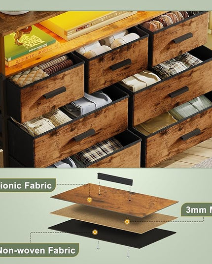 Dresser TV Stand with 7 Drawers, Dresser TV Stand with LED Lights & Power Outlets, Bedroom Dresser, Chest of Drawers up to 45'' Long TV, Wide Fabric Dresser with Open Shelf (Rustic Brown) - LeafyLoom