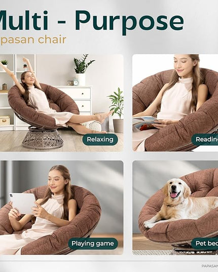 Bme 40" Ergonomic Wicker Papasan Chair with Soft Thick Density Fabric Cushion, High Capacity Steel Frame, 360 Degree Swivel for Living, Bedroom, Reading Room, Lounge, Cinnamon Mocha - Brown Base - LeafyLoom