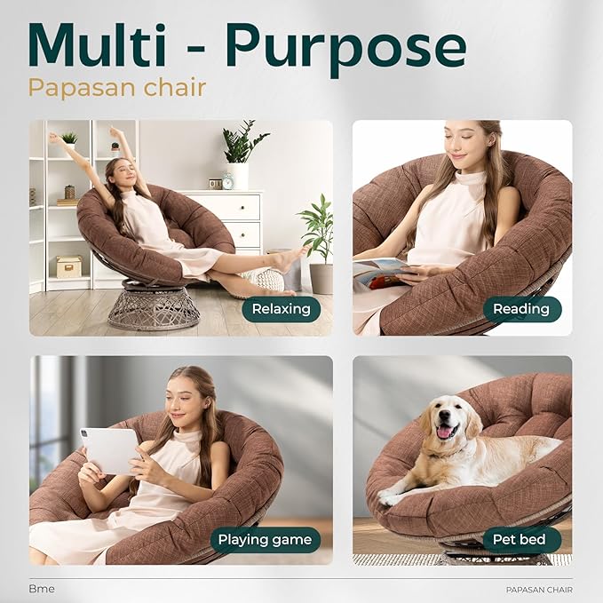 Bme 40" Ergonomic Wicker Papasan Chair with Soft Thick Density Fabric Cushion, High Capacity Steel Frame, 360 Degree Swivel for Living, Bedroom, Reading Room, Lounge, Cinnamon Mocha - Brown Base - LeafyLoom