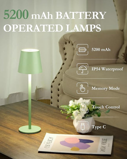 2Pack Cordless Table Lamp, 5200mAh IP54 Waterproof Rechargeable Battery Desk Lamp, 3 Color Stepless Dimming Up，Battery Operated Lamp for Kitchen/Outdoor/Restaurant/Camping (Glass Green) - LeafyLoom