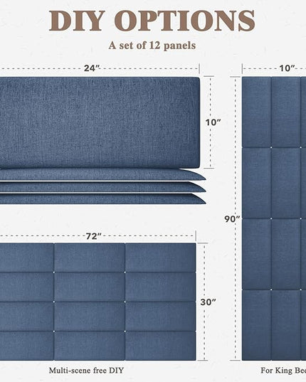 King Headboard, Wall Mounted Peel and Stick Headboard, Upholstered Tufted Bed Headboard for King Size Bed, Floating Dorm Bedroom Tall Headboard Soundproof Wall Panels (12 Panels, 10"x24") - LeafyLoom