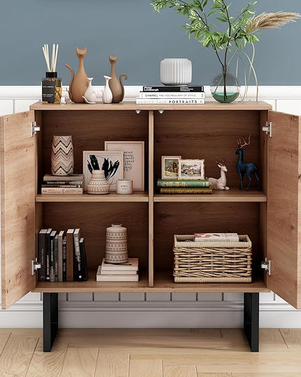 O&K FURNITURE Farmhouse Sideboard Cabinet, Storage Cabinet with Doors and Adjustable Shelves, Wood Buffet Cabinet with Storage for Kitchen, Living Room, Entryway, Brown - LeafyLoom