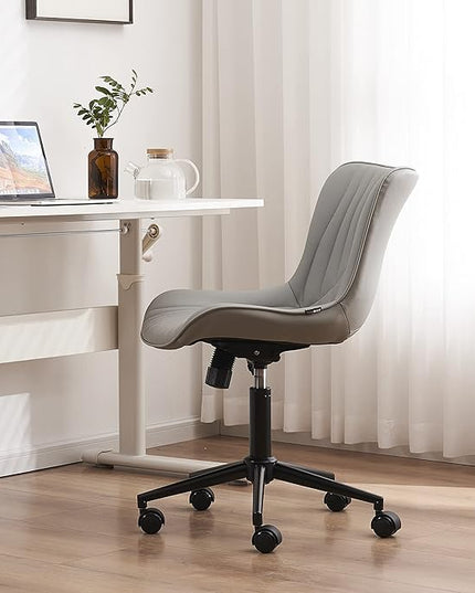 YOUNIKE Office Chair, Armless Desk Chair with Wheels, Home Office Computer Task Chairs, Modern Faux Leather Upholstered Vanity Chair, Adjustable Swivel Rolling Office Chair, Grey - LeafyLoom