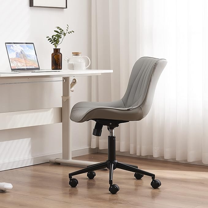 YOUNIKE Office Chair, Armless Desk Chair with Wheels, Home Office Computer Task Chairs, Modern Faux Leather Upholstered Vanity Chair, Adjustable Swivel Rolling Office Chair, Grey - LeafyLoom