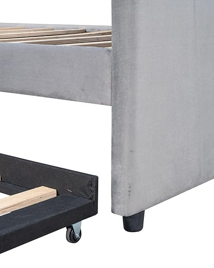 Twin Size Upholstered Daybed with Trundle, Wood Slat Support Sofa Bed with Armrest, No Box Spring Needed, Easy to Assemble, for Studio, Bedroom, Living, Guest Room, Gray - LeafyLoom