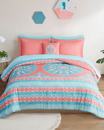 Degrees of Comfort Bed in A Bag Queen Size, Boho Mandala 8 Piece Complete Comforter Sets with Sheet for Women, Microfiber Bohemian Colorful Bedding Set, Matching Decorative Pillow, Coral - LeafyLoom