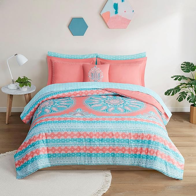 Degrees of Comfort Bed in A Bag Queen Size, Boho Mandala 8 Piece Complete Comforter Sets with Sheet for Women, Microfiber Bohemian Colorful Bedding Set, Matching Decorative Pillow, Coral - LeafyLoom