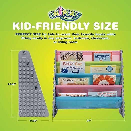 UNiPLAY Kids 4-Tier Book Storage Organizer with Sling Book Pockets, Plastic Sling Rack Bookshelf for Playroom, Fits Blocks, Gray/Pastel - LeafyLoom