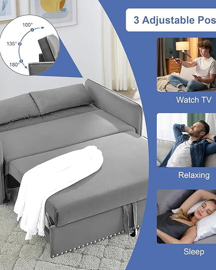 New model 3-in-1 Sleeper USB Port Adjustable Velvet Convertible Sofa with Pull Out Bed, 2 Pillows & Side Pocket – Ideal for Living Room and Bedroom, Grey - LeafyLoom