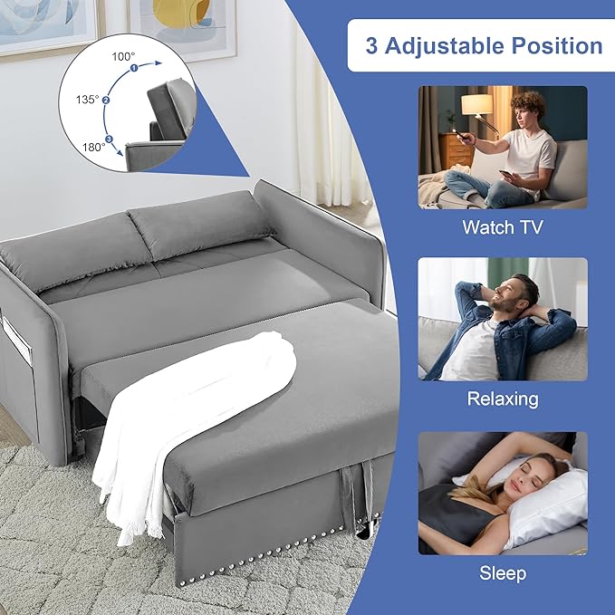 New model 3-in-1 Sleeper USB Port Adjustable Velvet Convertible Sofa with Pull Out Bed, 2 Pillows & Side Pocket – Ideal for Living Room and Bedroom, Grey - LeafyLoom